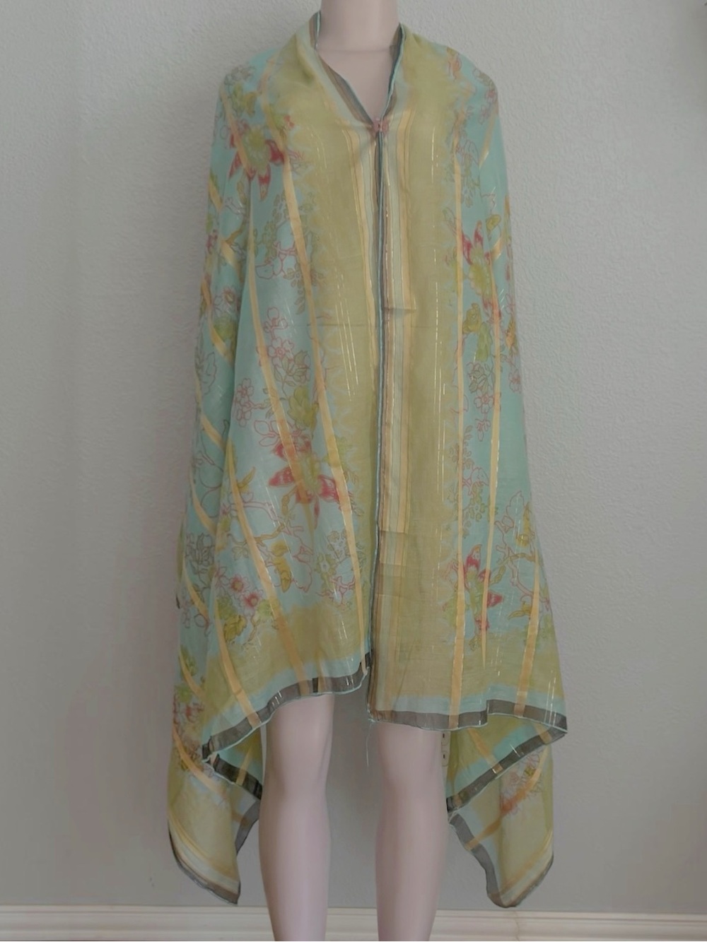 VTG Silk Indian Dupatta Sheer Floral Metallic Zari Scarf Boho Festival Shawl OS